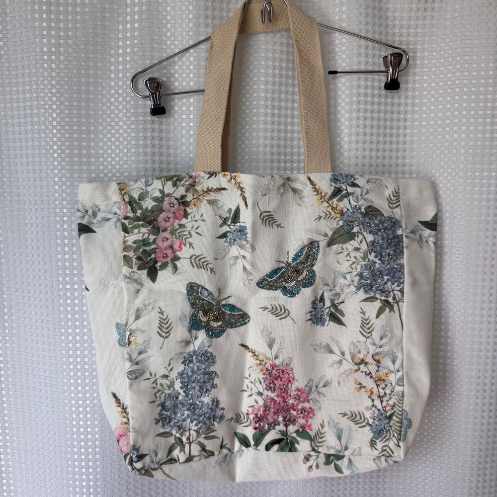 Tropiscape Butterfly Floral Double Sided Canvas Tote w/ Beaded Embellishments